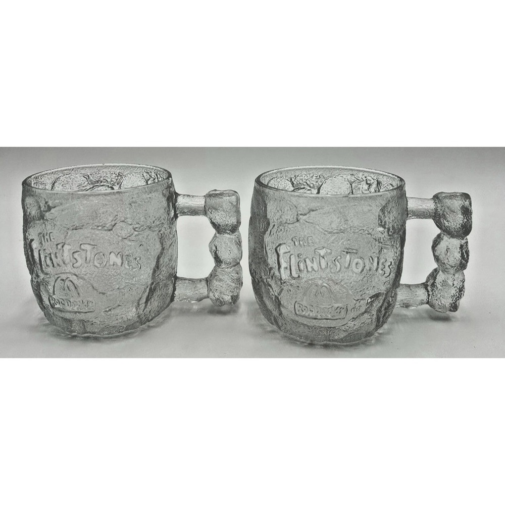 Vintage 1993 McDonald's Flintstones Rocky Road Mugs Glass Set Of 2 - Picture 1 of 6
